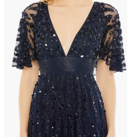 MAC DUGGAL 93784 EMBELLIHSED V-NECK MIDNIGHT NAVY COLUMN GOWN sz 12 - Picture 2 of 4